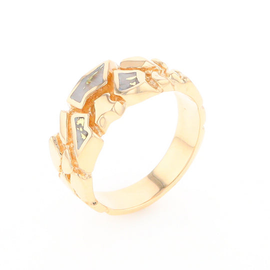 Gold Quartz Ring 3 Section Inlaid Nugget Design Band