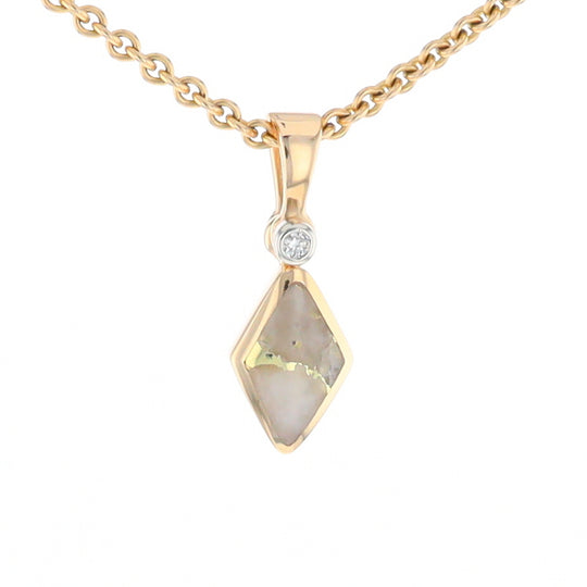 Gold Quartz Necklace Diamond Shape Inlaid Pendant with .02ct Diamond