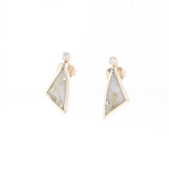 Gold Quartz Earrings Triangle Shape Inlaid with .04ct Round Diamonds - G2