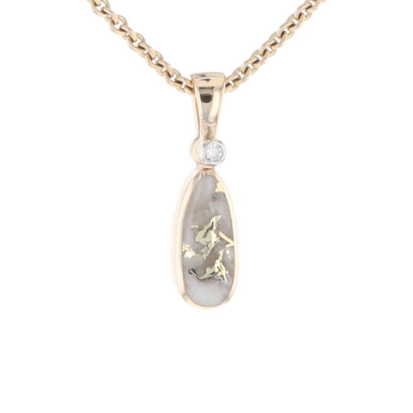 Gold Quartz Necklace Pear Shape Inlaid Pendant with .02ct Diamond