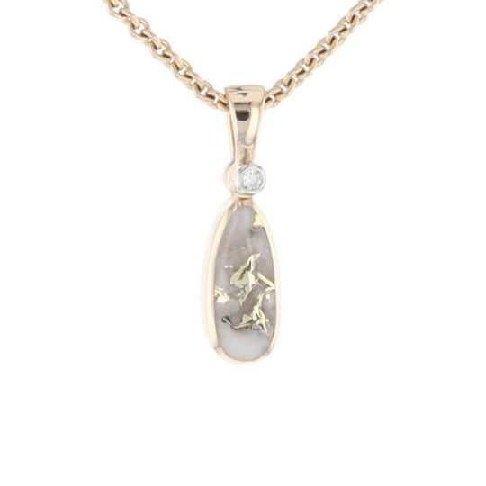 Gold Quartz Necklace Pear Shape Inlaid Pendant with .02ct Diamond