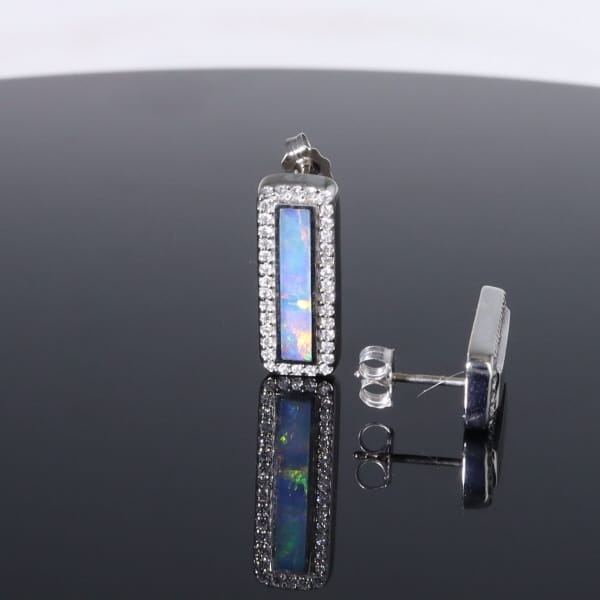 Opal Earrings Rectangle Inlaid with .50ctw Round Diamond Halo Studs