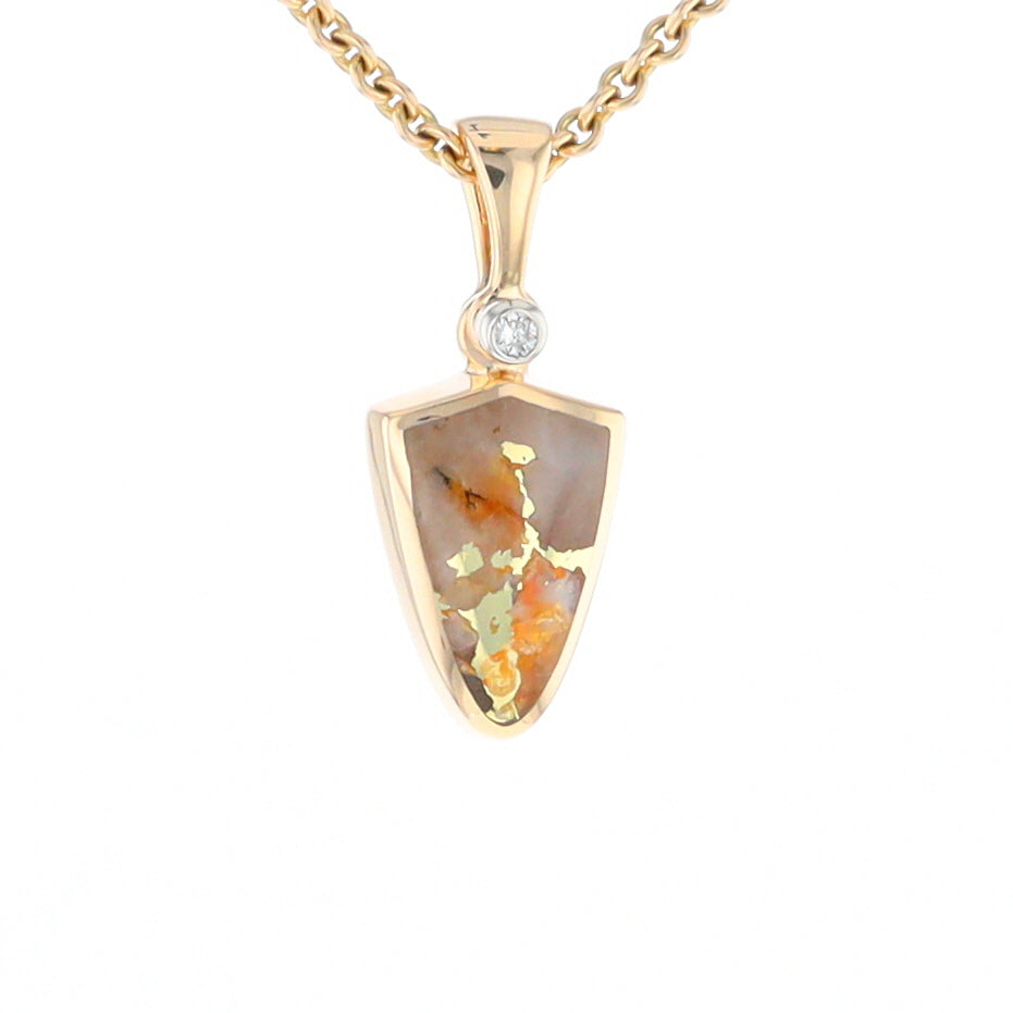 Gold Quartz Necklace Shield Shape Inlaid Pendant with .02ct Diamond