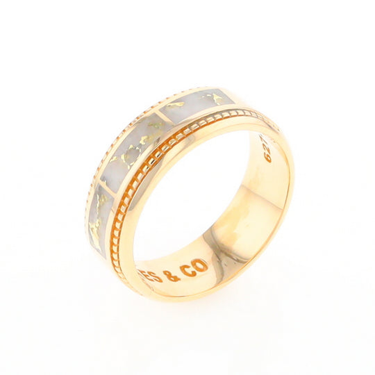 Gold Quartz Ring 3 Section Rectangle Inlaid Milgrain Border Band