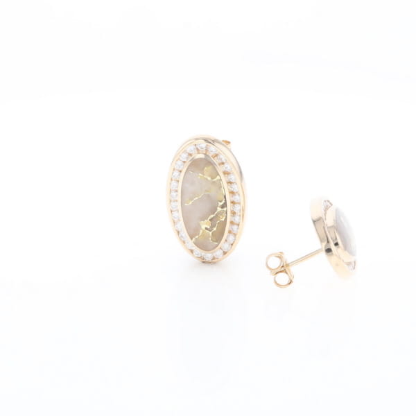 Gold Quartz Earrings Oval Inlaid Design .73ctw Round Diamonds Halo G2