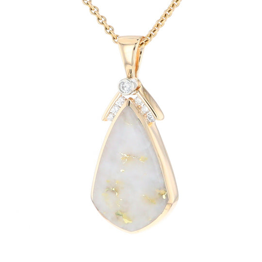 Gold Quartz Necklace Pear Shape Inlaid Pendant with .15ctw Diamonds