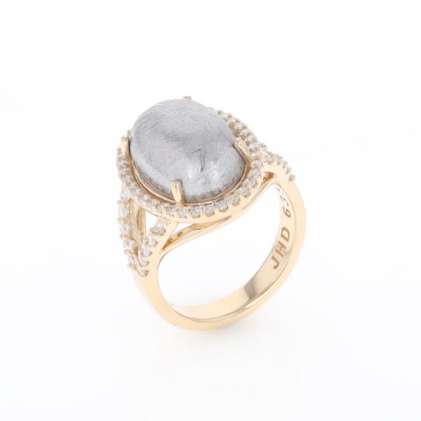 Meteorite Ring Oval Cabochon 0.65ctw Round Diamonds Halo