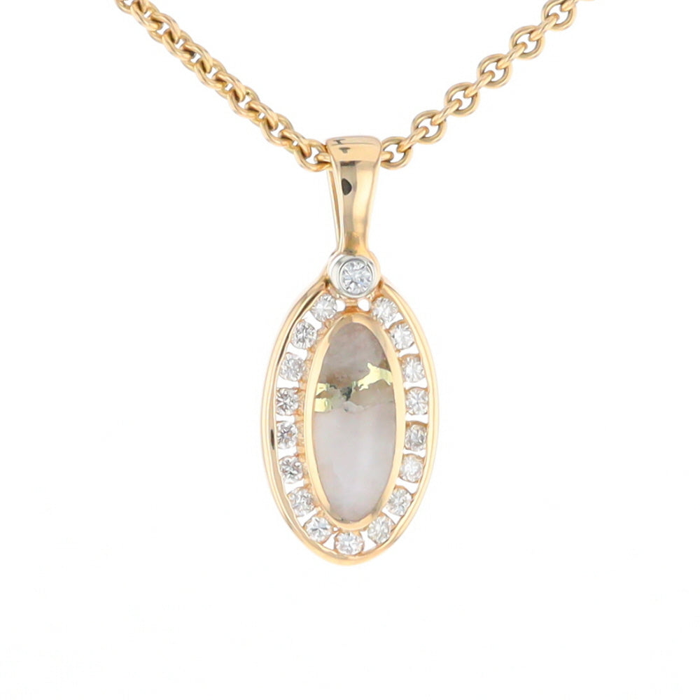 Gold Quartz Pendant Oval Inlaid with .22ctw Round Diamonds Halo