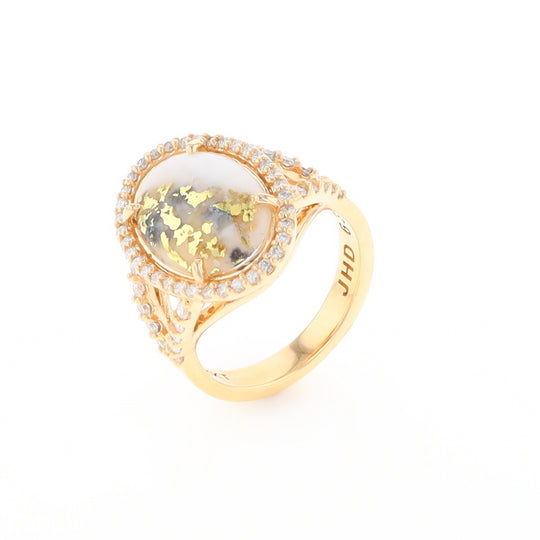 Gold Quartz Ring Oval Cabochon 0.65ctw Round Diamonds Halo (G2)