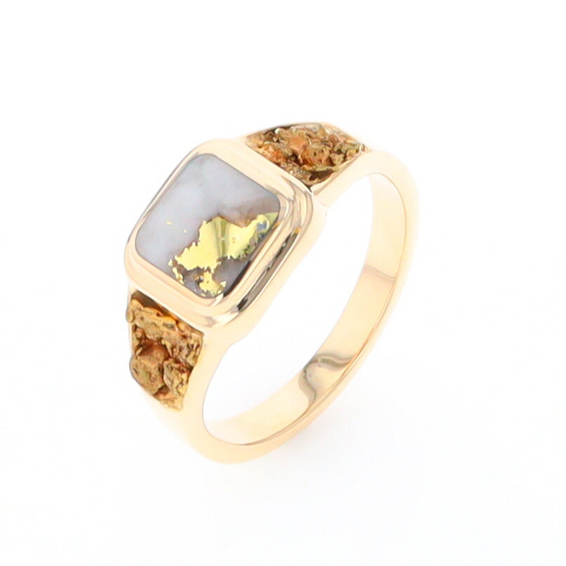 Gold Quartz Ring Square Inlaid Design Double Natural Nugget Sides