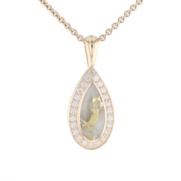 Gold Quartz Pendant Tear Drop Inlaid .42ctw Diamond Halo Design