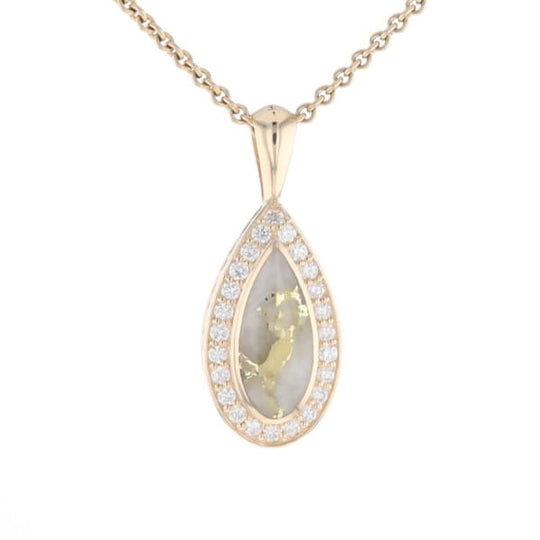 Gold Quartz Pendant Tear Drop Inlaid .42ctw Diamond Halo Design