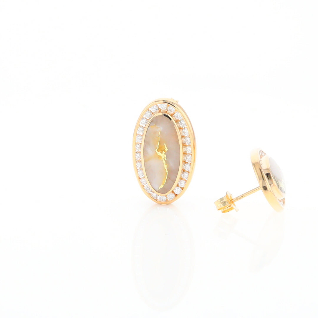 Gold Quartz Earrings Oval Inlaid Design .73ctw Round Diamonds Halo