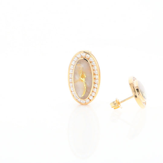 Gold Quartz Earrings Oval Inlaid Design .73ctw Round Diamonds Halo