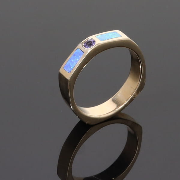 Opal Rings 2 Section Inlaid Design with Round Tanzanite