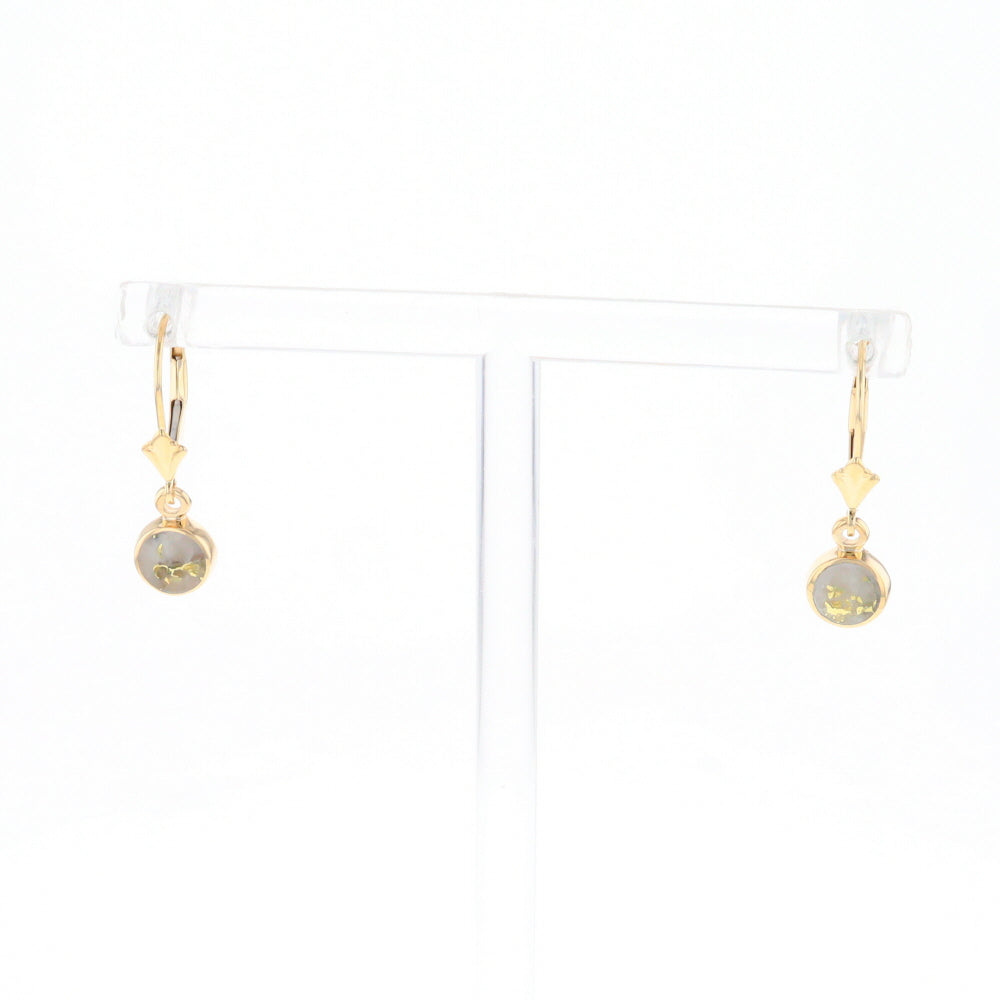 Gold Quartz Earrings Round Inlaid Design Lever Backs