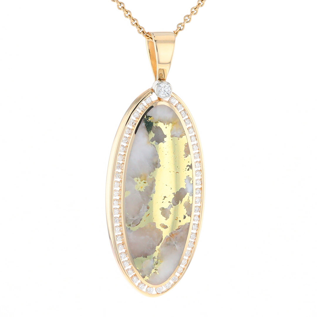 Gold Quartz Necklace 0.96ctw Halo Diamond Oval Inlaid Pendant