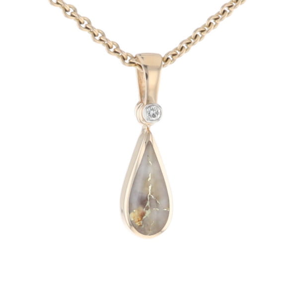 Gold Quartz Pendant Tear Drop Inlaid Design with .02ct Diamond