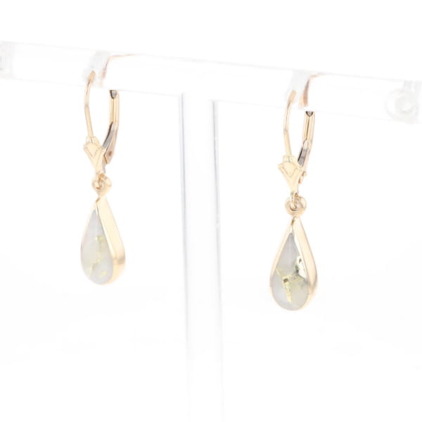 Gold Quartz Earrings Tear Drop Inlaid Lever Backs - G2