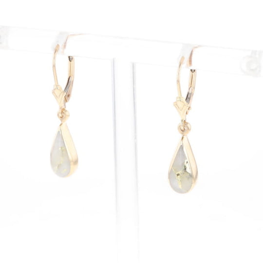 Gold Quartz Earrings Tear Drop Inlaid Lever Backs - G2