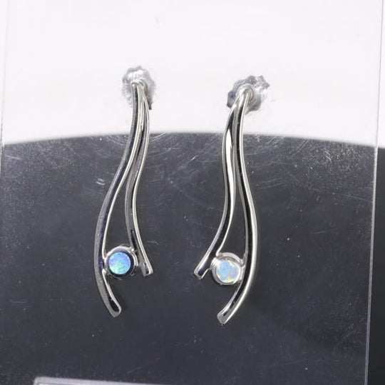 Opal Earrings Round Inlaid Double Curved Bar Design Studs