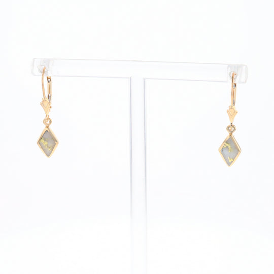 Gold Quartz Earrings Diamond Shape Inlaid Lever Backs G1