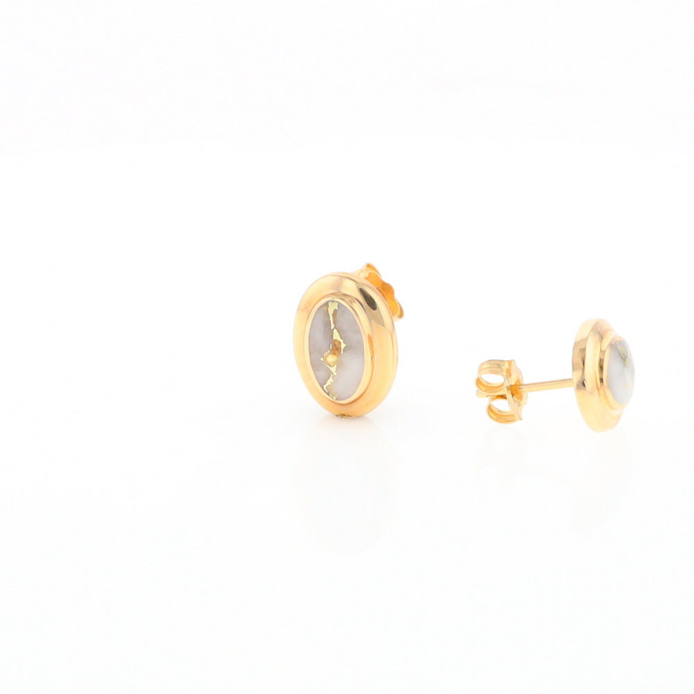 Gold Quartz Earrings Oval Inlaid Design Studs G2