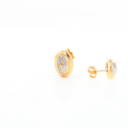 Gold Quartz Earrings Oval Inlaid Design Studs G2