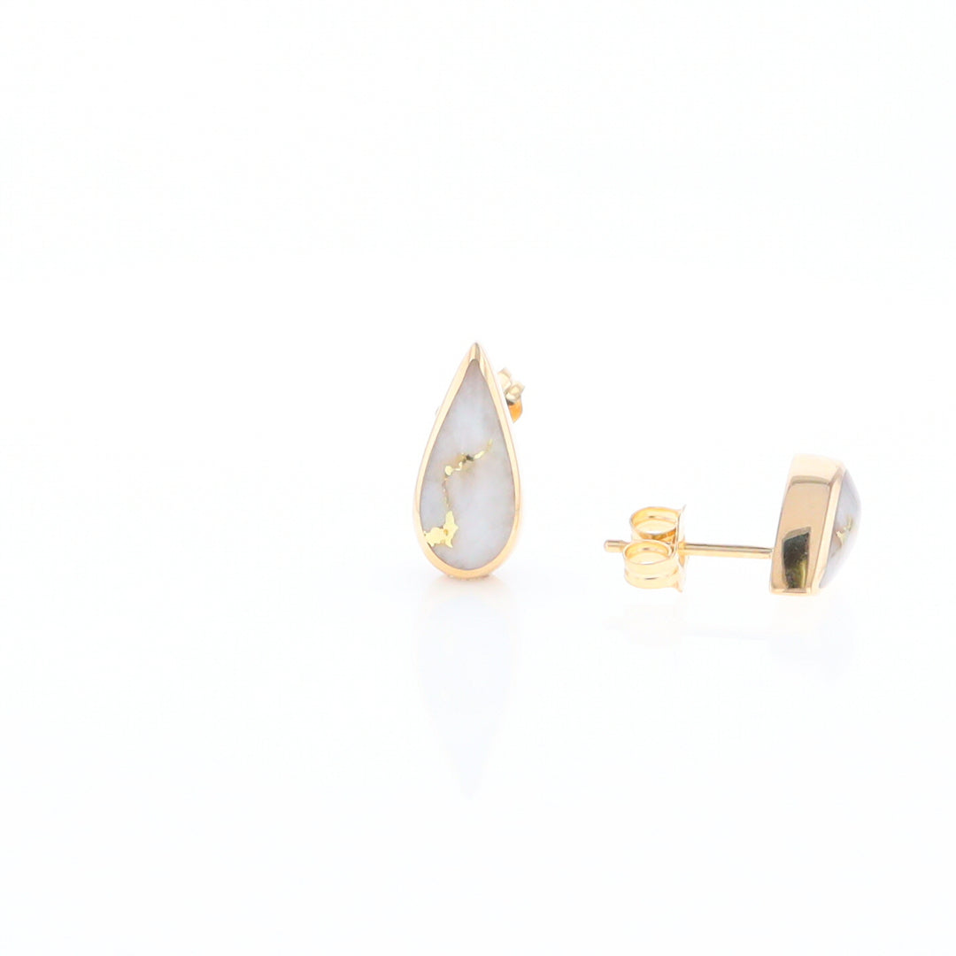 Gold Quartz Earrings Tear Drop Inlaid Studs