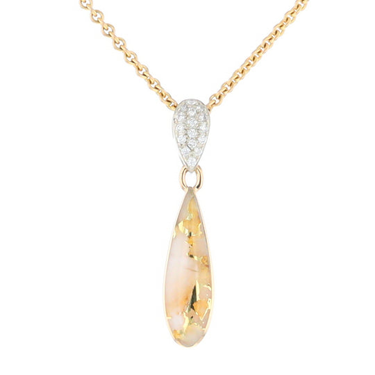 Gold Quartz Necklace Tear Drop Inlaid Pendant with .11ctw Diamonds