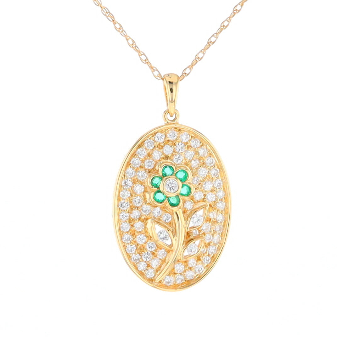 Emerald and Diamond Encrusted Oval Flower Pendant