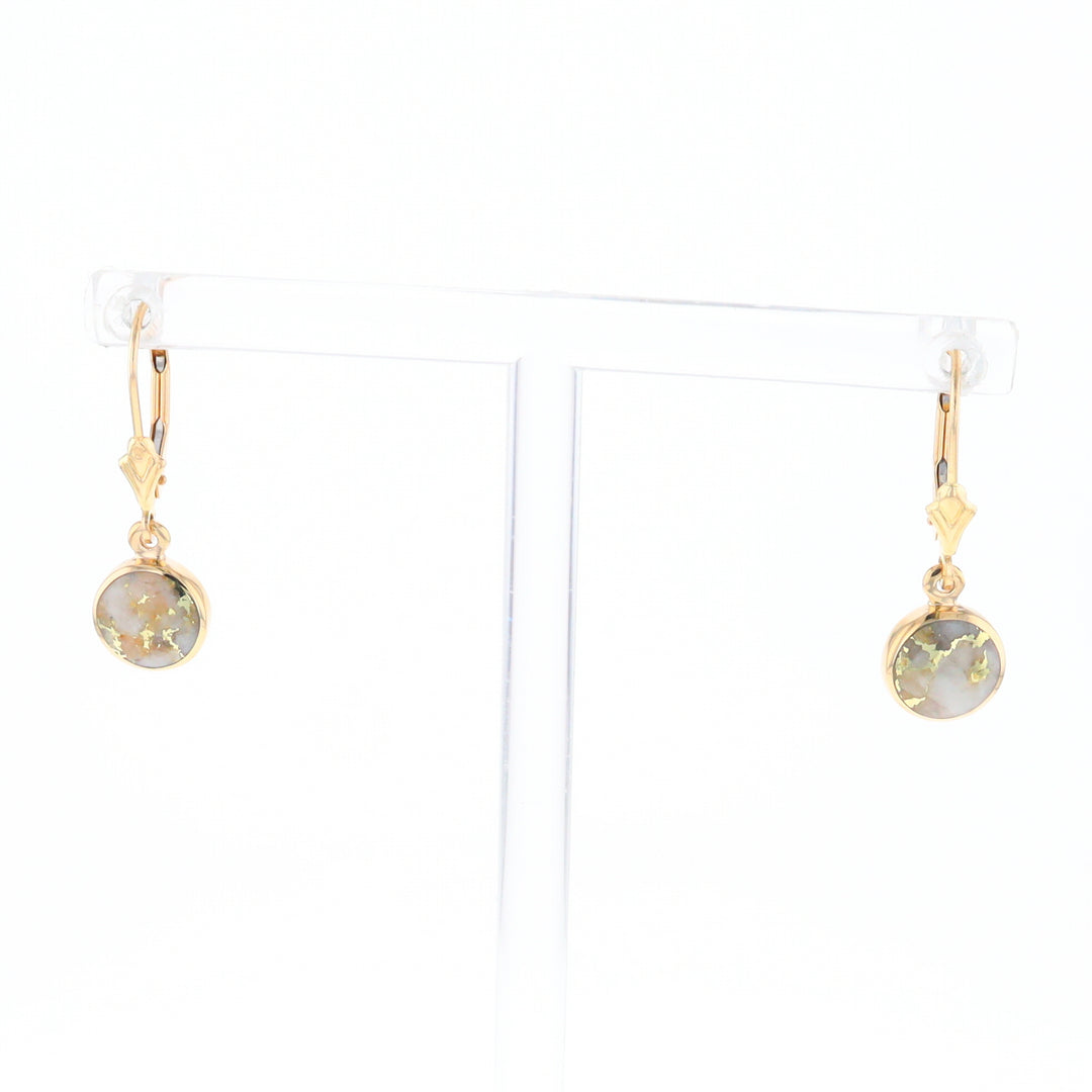 Gold Quartz Earrings Round Inlaid Design Lever Backs