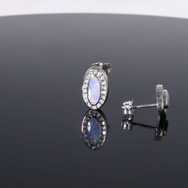 Opal Earrings Oval Inlaid with .25ctw Round Diamond Halo Studs