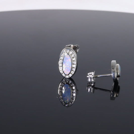 Opal Earrings Oval Inlaid with .25ctw Round Diamond Halo Studs
