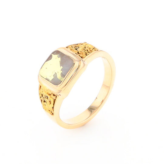 Gold Quartz Ring Square Inlaid Design Double Natural Nugget Sides