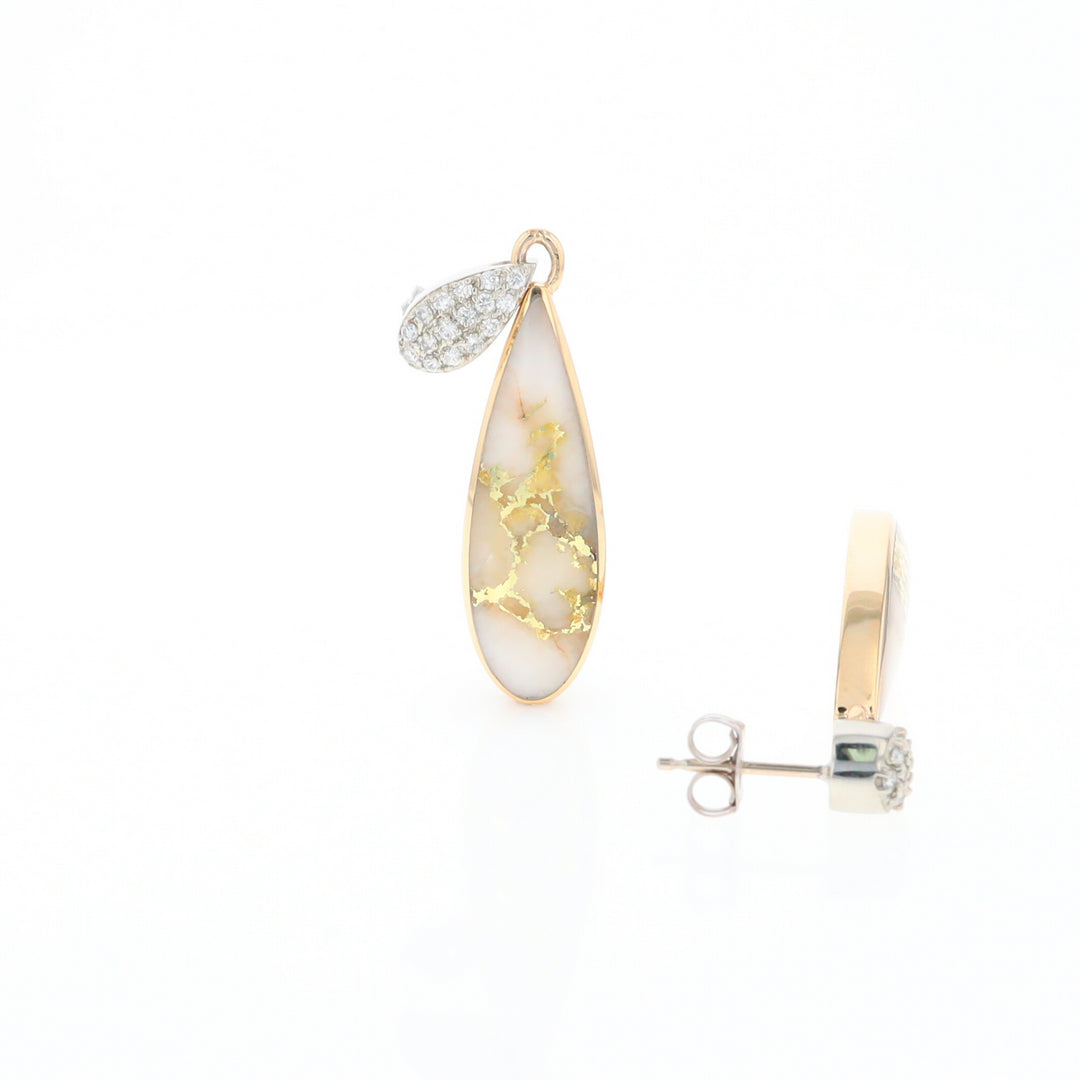 Gold Quartz Earrings, Tear Drop Inlaid with .22ctw Diamond Pave Design