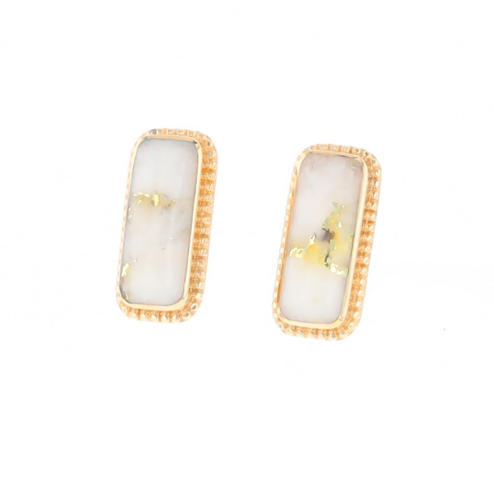 Gold Quartz Earrings Rectangle Inlaid Milgrain Design - G2