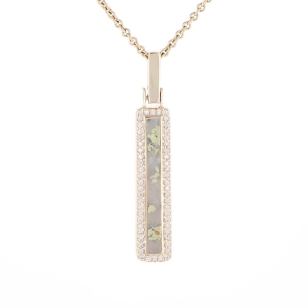 Gold Quartz Necklace, Rectangle Inlaid, .27ctw Diamond Halo Pendant