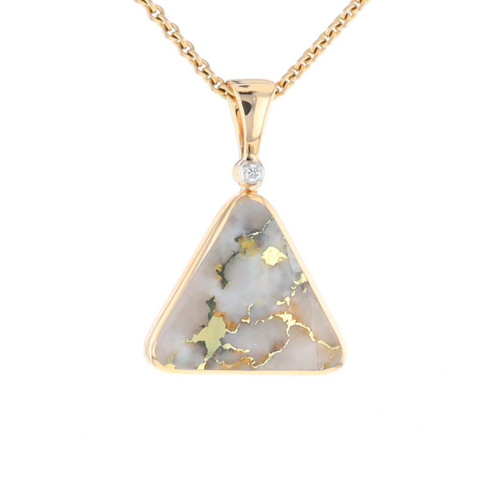 Gold Quartz Necklace Triangle Inlaid Pendant with .02ct Diamond