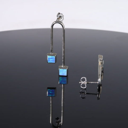 Opal Earrings Curved Bar Double Square Inlaid Ends Design Studs