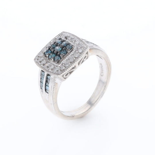 Square Blue & White Diamond Ring