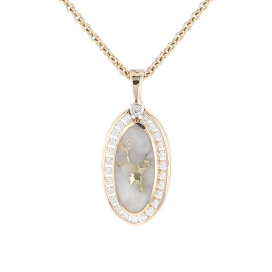 Gold Quartz Necklace .37ctw Halo Diamond Oval Inlaid Pendant