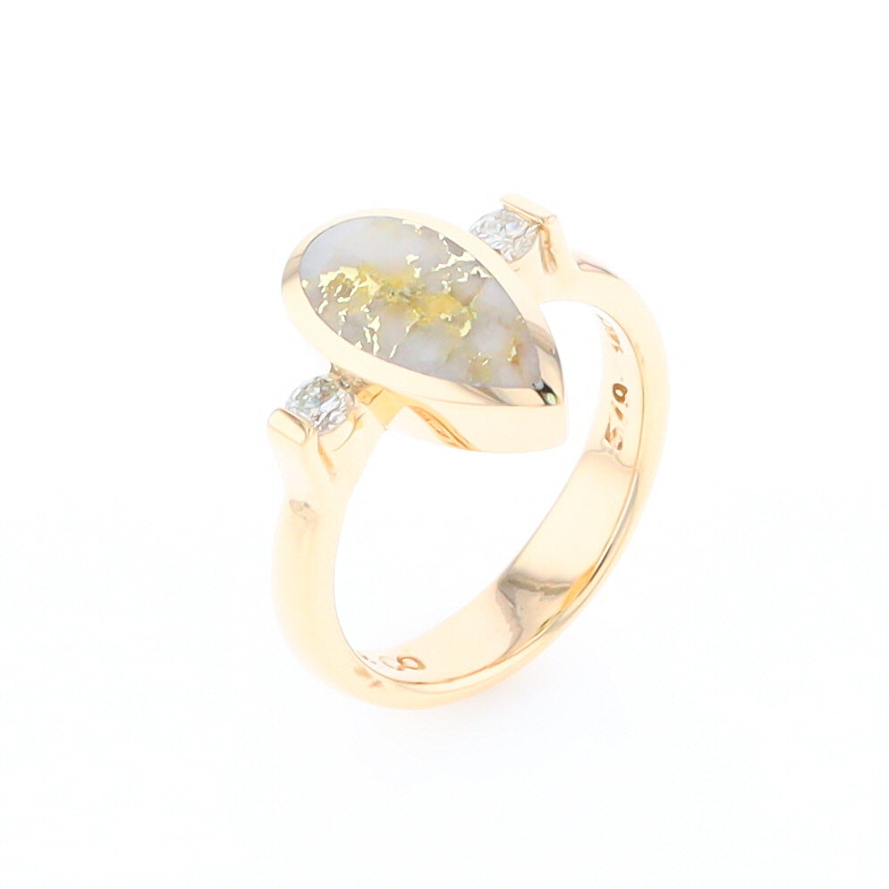 Gold Quartz Ring Pear Shape Inlaid with .18ctw Round Diamonds