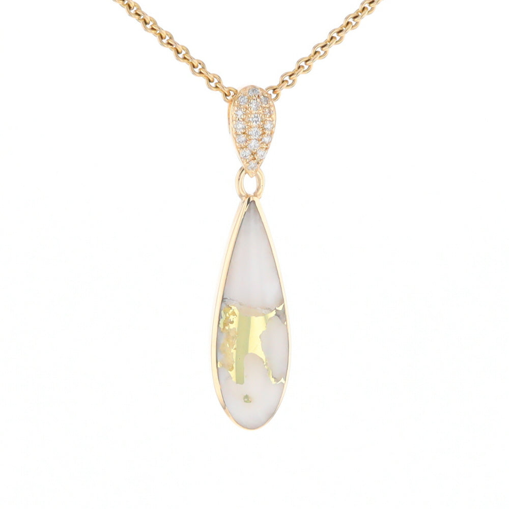 Gold Quartz Necklace, Tear Drop Inlaid Design with 0.11ctw Diamond Pave Pendant G2