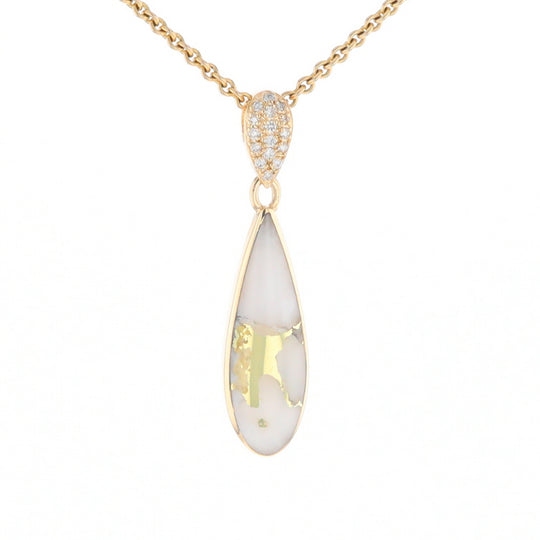 Gold Quartz Necklace, Tear Drop Inlaid Design with 0.11ctw Diamond Pave Pendant G2