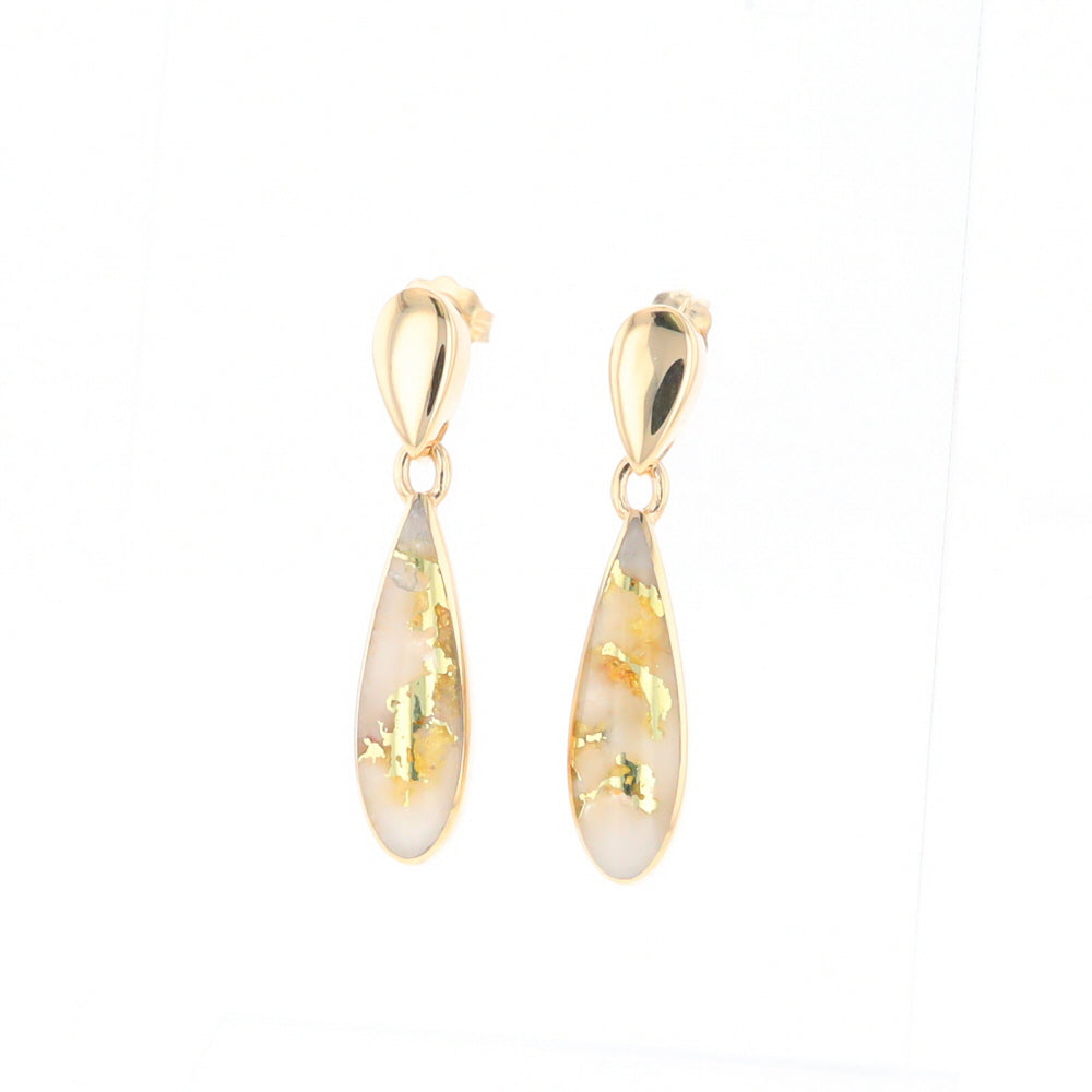 Gold Quartz Earrings Tear Drop Inlaid Design