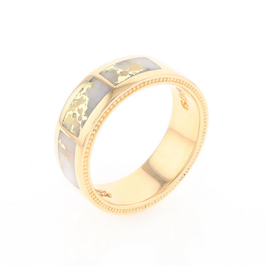 Gold Quartz Ring 3 Section Rectangle Inlaid Band with Milgrain Design