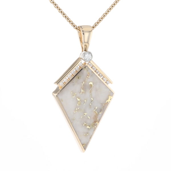 Gold Quartz Necklace Kite Shape Inlaid Pendant with .27ctw Diamonds