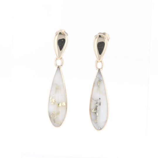 Gold Quartz Earrings Tear Drop Inlaid Design