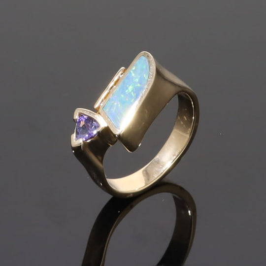 Opal Rings Geometric Inlaid with Tanzanite and .08ctw Round Diamonds